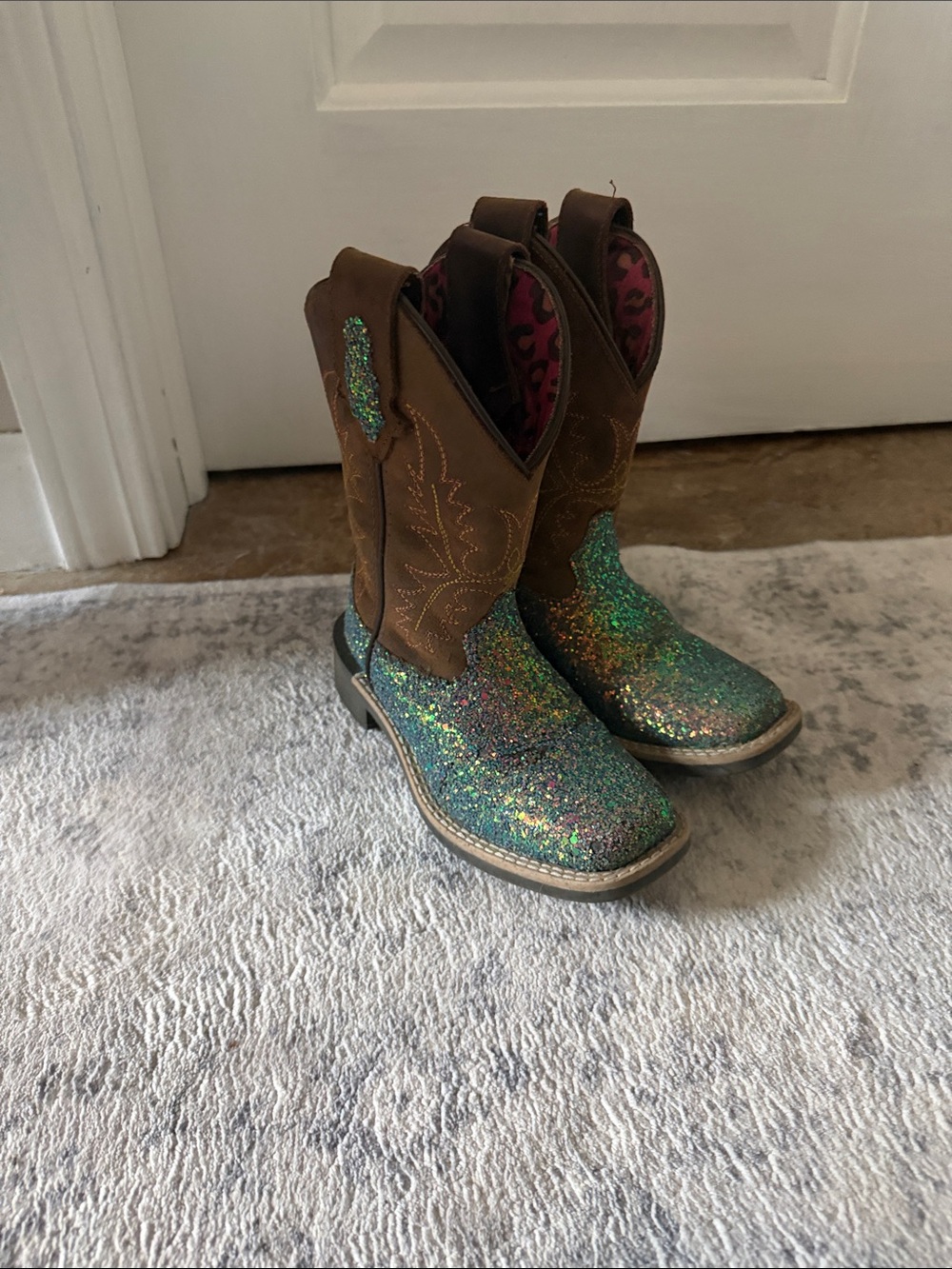 Shyanne Brown Shaft Green Glitter Kids Western Boots